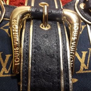 Louis Vuitton navy blue ostrich gold theda handbag